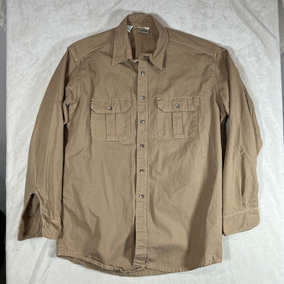 L.L. Bean Large Made in USA Vintage Duck Camo Canvas Khaki Shirt Workwear EUC - Picture 1 of 14